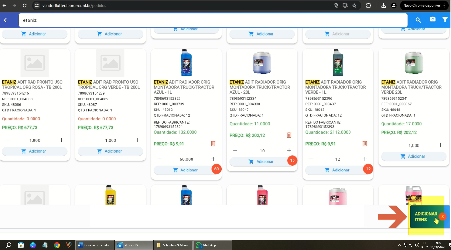 Tela de itens com botão ADICIONAR ITENS destacado no canto inferior direito