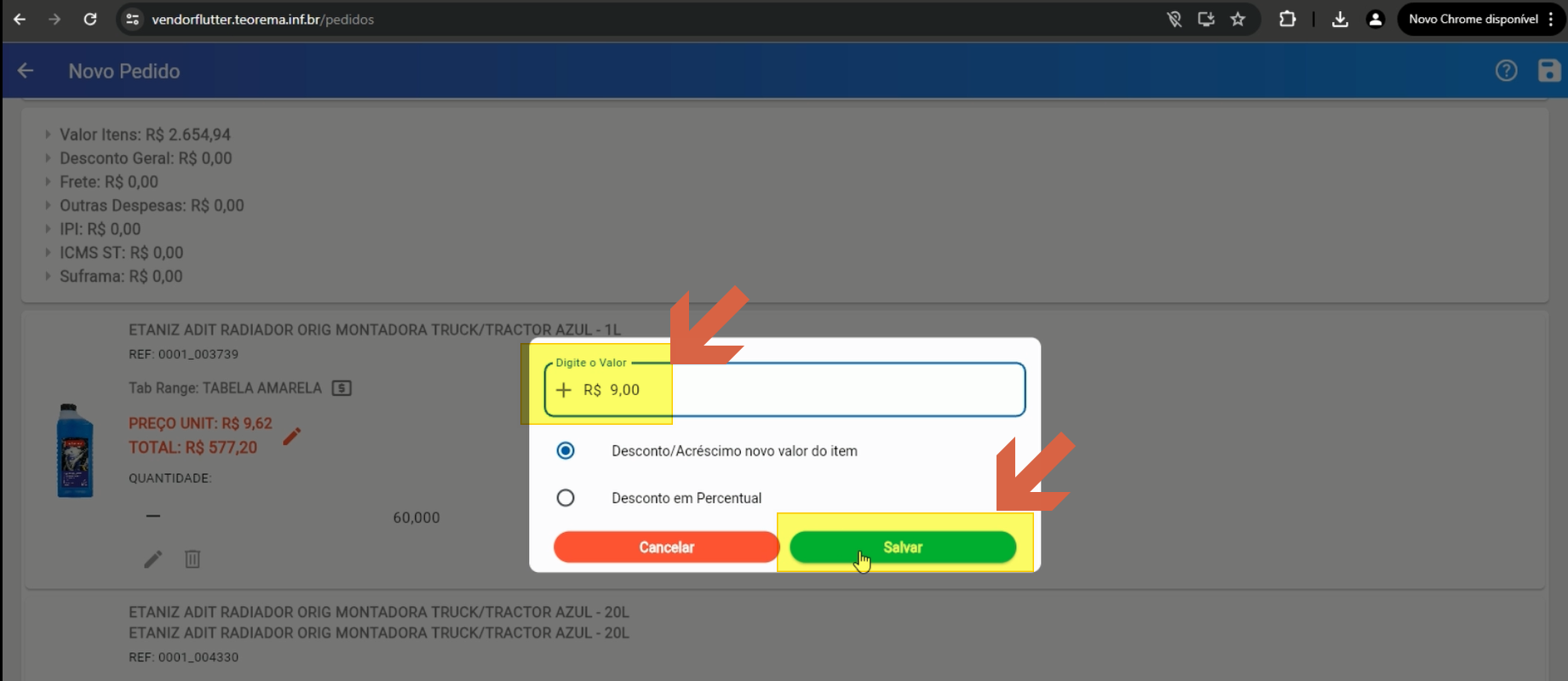 Modal de edição de preço individual com campo "Digite o Valor" preenchido com "R$ 9,00", opções "Desconto/Acréscimo novo valor do item" e "Desconto em Percentual" e botões Cancelar e Salvar
