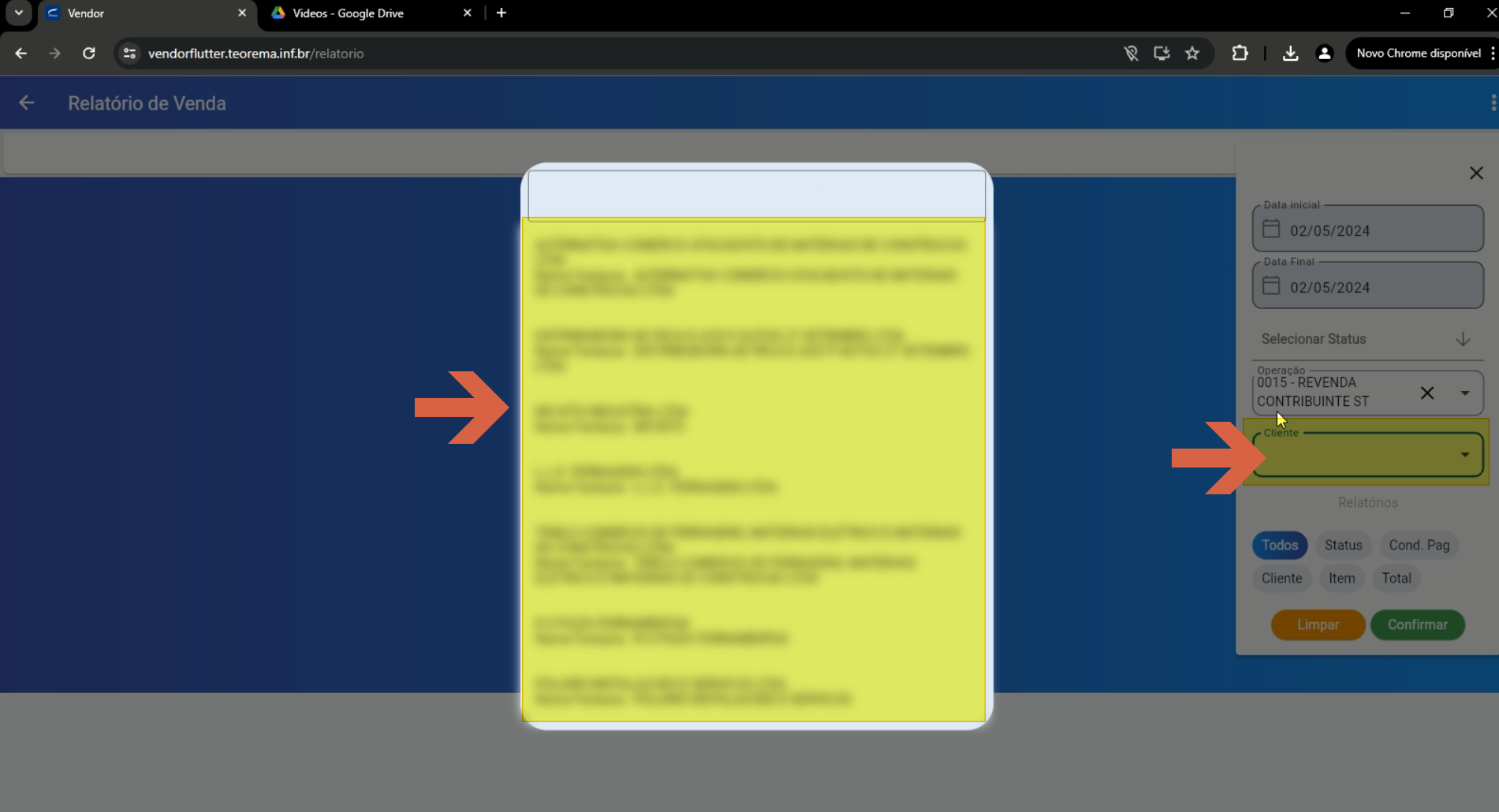 Painel de filtros com o campo Cliente destacado e lista de clientes aberta