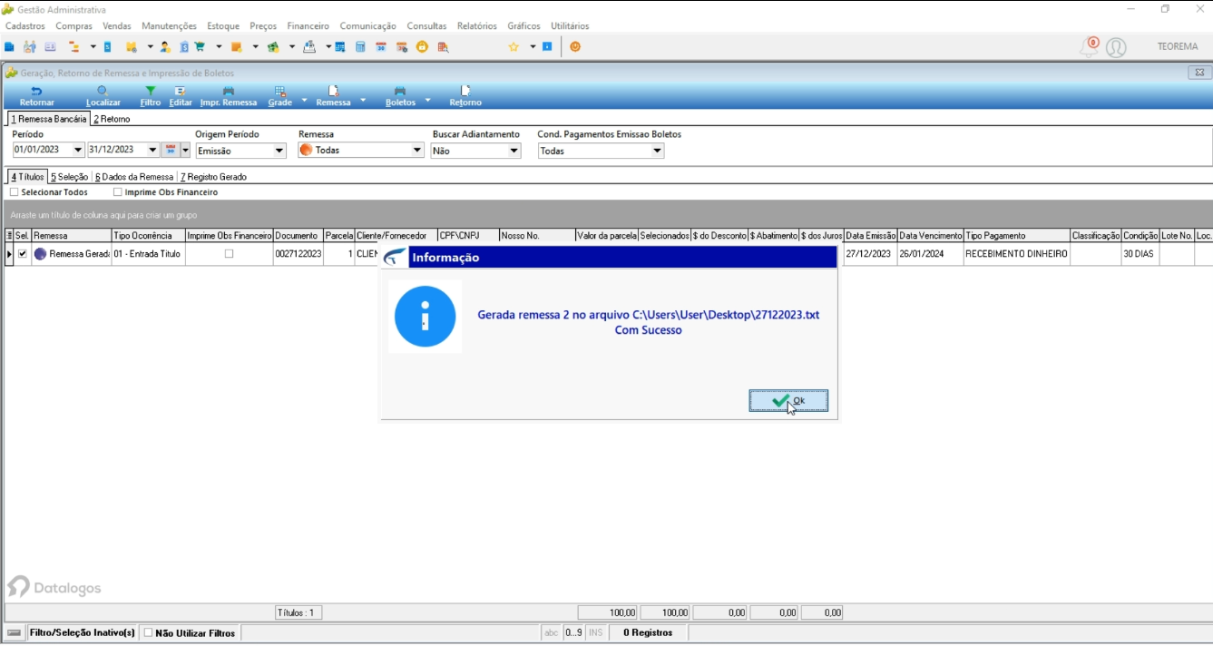 Caixa de diálogo "Informação" com a mensagem "Gerada remessa 2 no arquivo C:\Users\User\Desktop\27122023.txt Com Sucesso" e botão OK