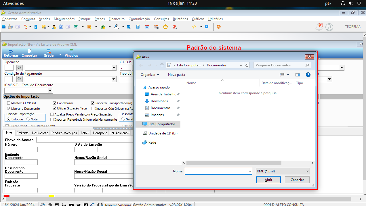 Tela de Importação NFe - Via Leitura de Arquivo XML com janela "Abrir" do Windows aberta, mostrando campo Nome com filtro XML (*.xml) e botões Abrir e Cancelar; anotação "Padrão do sistema"