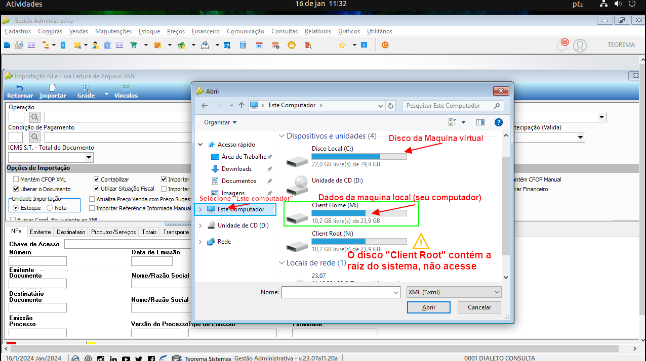 Janela "Abrir" com "Este Computador" selecionado no painel esquerdo, exibindo dispositivos e unidades: Disco Local (C:) — disco da máquina virtual; Client Home (M:) com 10,2 GB livres de 23,9 GB — dados da máquina local; Client Root (N:) com anotação de aviso "O disco Client Root contém a raiz do sistema, não acesse"