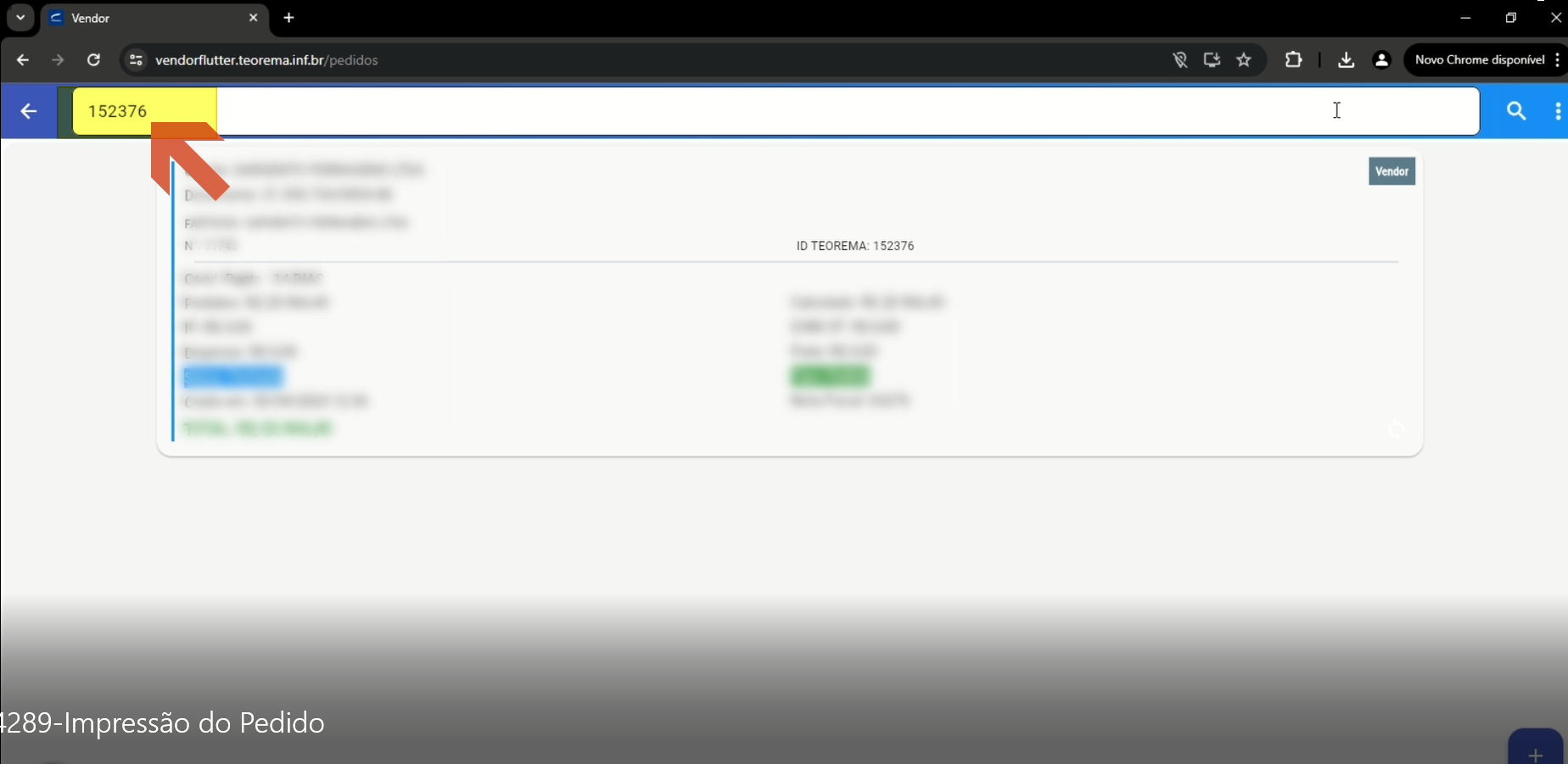 Tela de Pedidos do Vendor Flutter com campo de busca preenchido com o ID Teorema 152376 e o pedido correspondente exibido abaixo, mostrando os campos ID Teorema, Data, Totais e Status