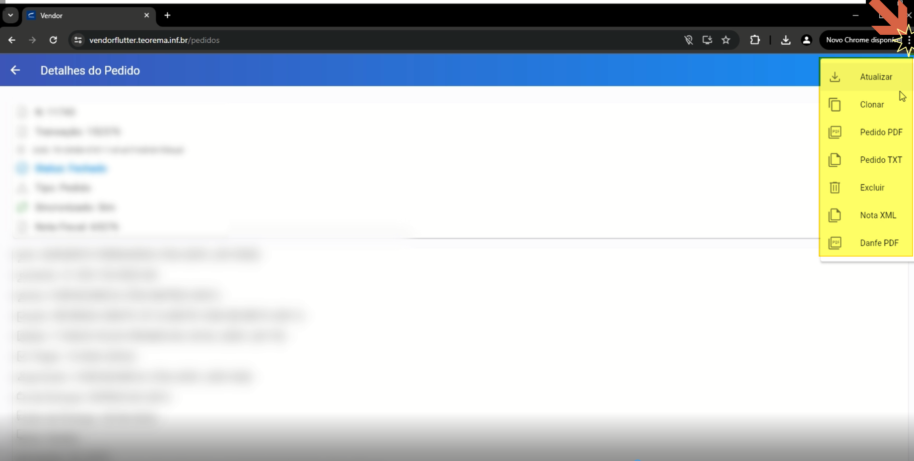 Tela Detalhes do Pedido no Vendor Flutter com menu de três pontos aberto no canto superior direito, exibindo as opções Atualizar, Clonar, Pedido PDF, Pedido TXT, Excluir, Nota XML e Danfe PDF