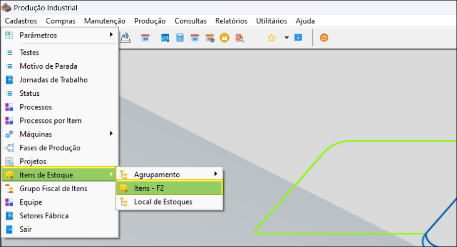 Menu Cadastros do módulo Produção Industrial com submenu Itens de Estoque expandido, opção Itens - F2 destacada