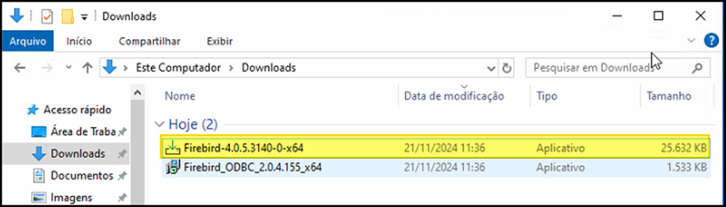 Pasta Downloads com os arquivos Firebird-4.0.5.3140-0-x64 (25.632 KB) e Firebird_ODBC_2.0.4.155_x64 (1.533 KB)