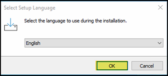 Janela "Select Setup Language" com campo de seleção em English e botão OK destacado