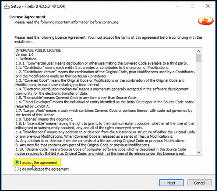 Janela "License Agreement" do instalador Firebird 4.0.5.3140 (x64) com texto do contrato e botão Next