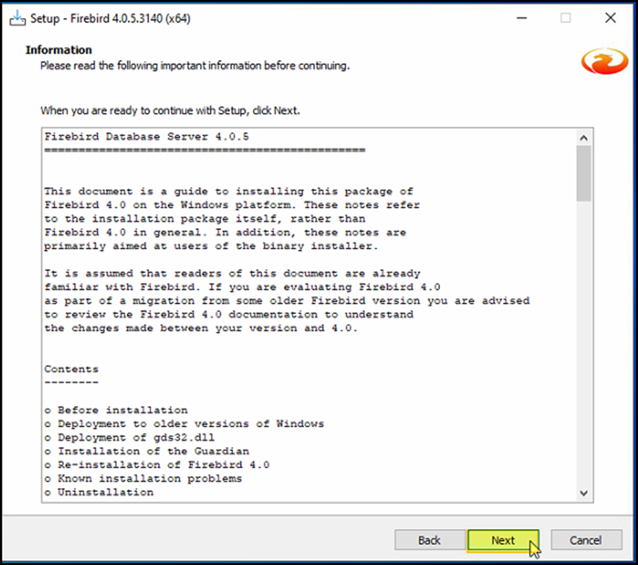 Janela "Information" do instalador Firebird 4.0.5.3140 (x64) com notas de instalação e botão Next