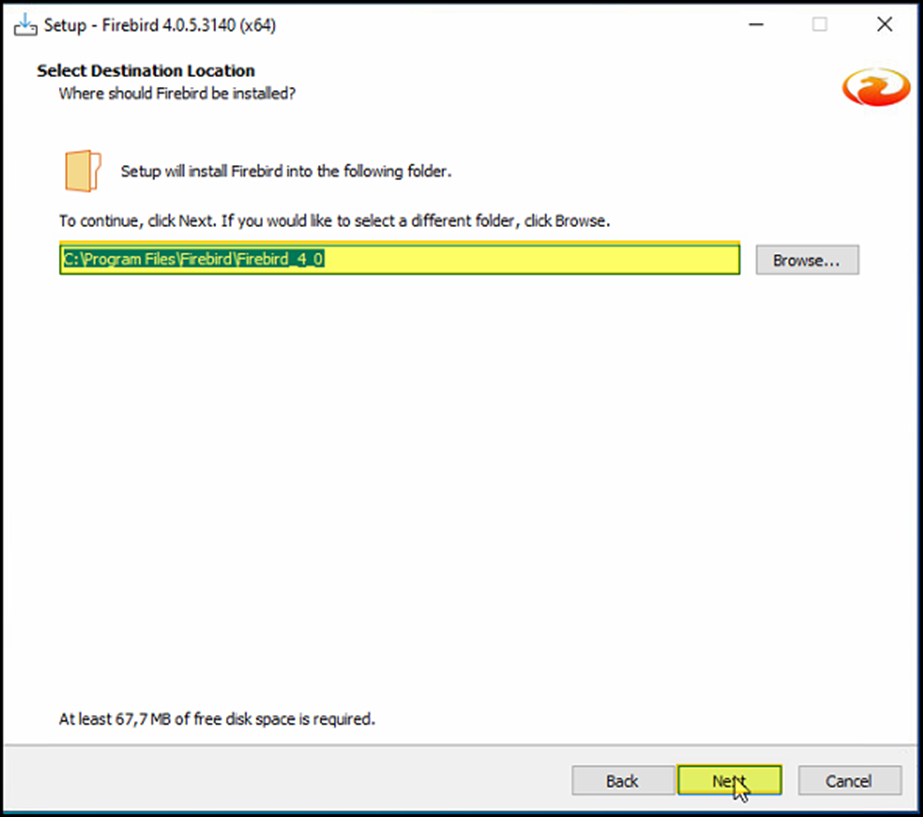 Janela "Select Destination Location" com campo exibindo o caminho C:\Program Files\Firebird\Firebird_4_0 e botão Next