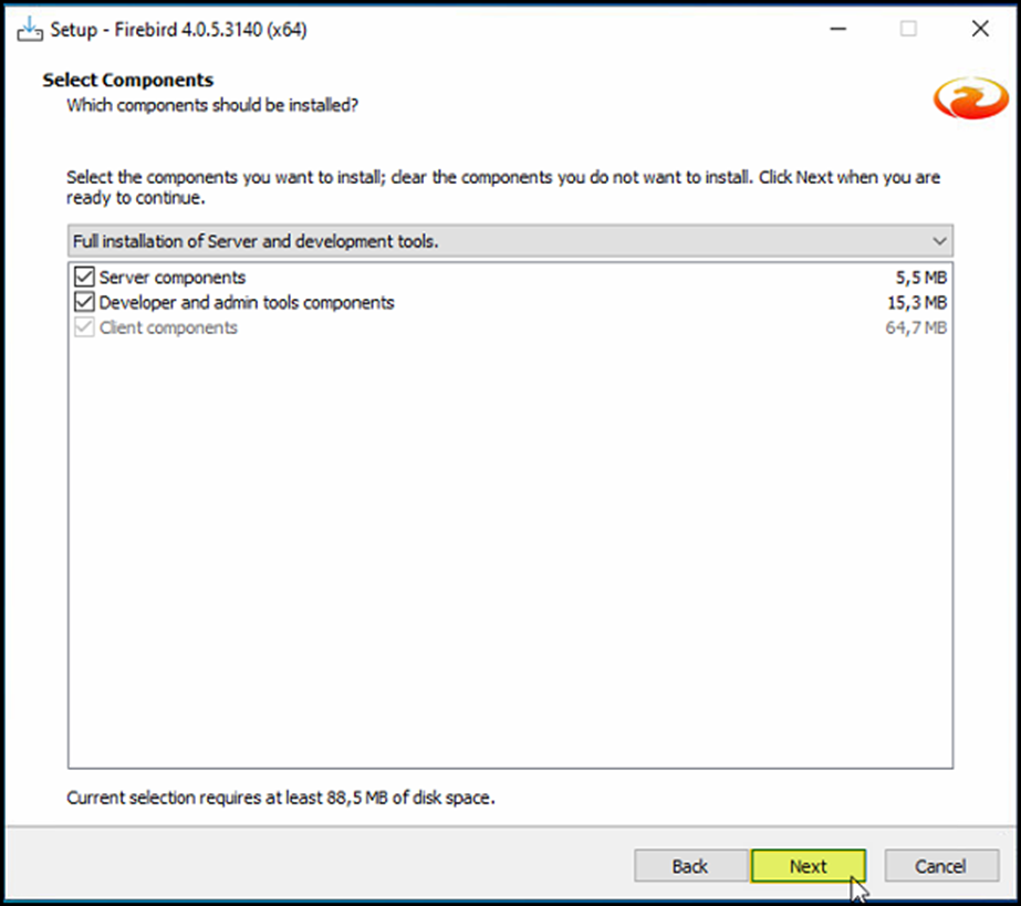 Janela "Select Components" com opção "Full installation of Server and development tools" selecionada, listando Server components (5,5 MB), Developer and admin tools components (15,3 MB) e Client components (64,7 MB)