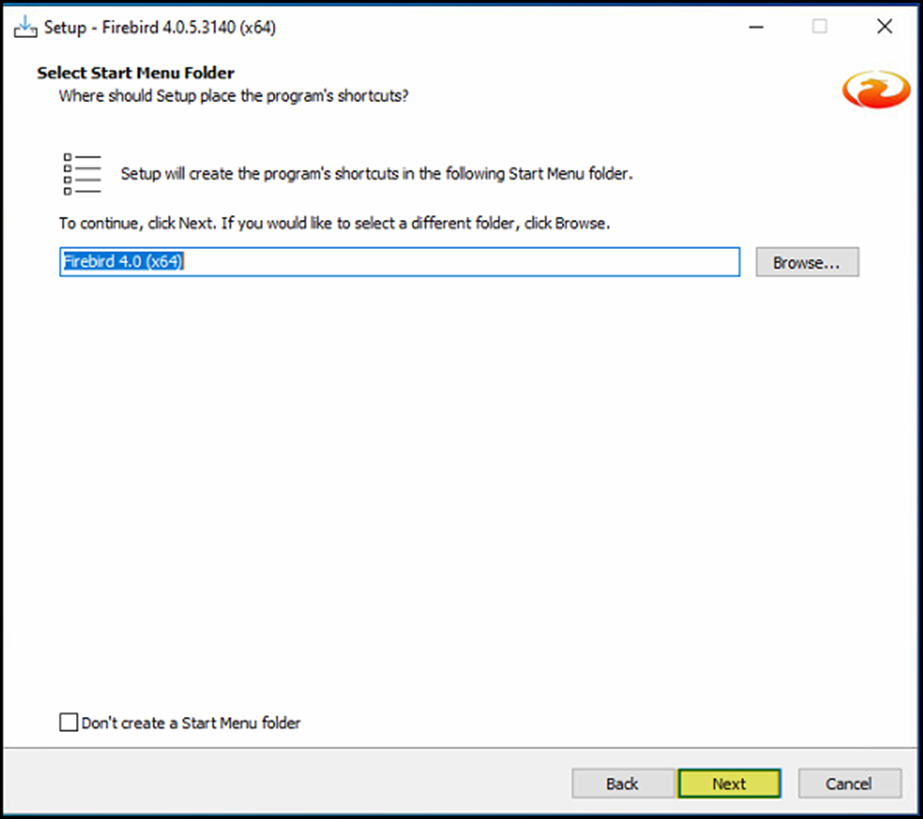 Janela "Select Start Menu Folder" com campo exibindo "Firebird 4.0 (x64)" e botão Next