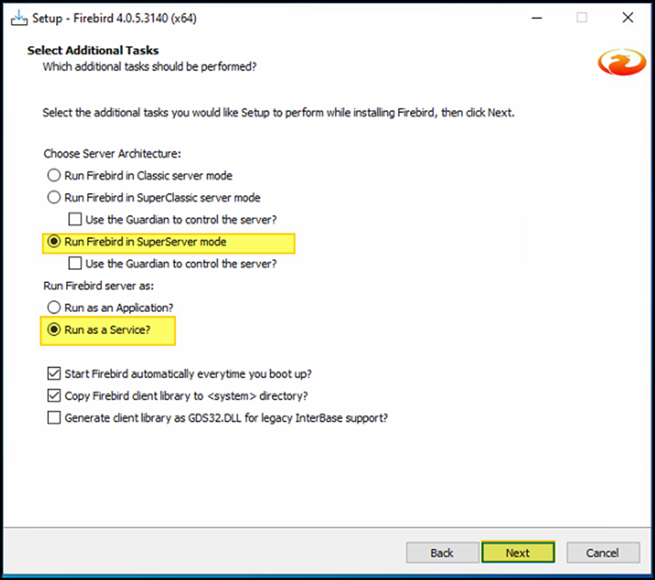 Janela "Select Additional Tasks" com opções de arquitetura de servidor: "Run Firebird in SuperServer mode" selecionado e "Run as a Service?" selecionado; botão Next