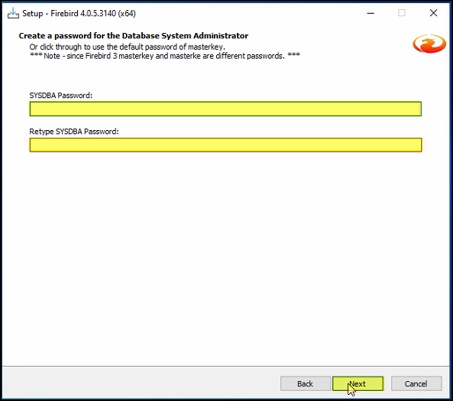 Janela "Create a password for the Database System Administrator" com campos SYSDBA Password e Retype SYSDBA Password vazios e botão Next