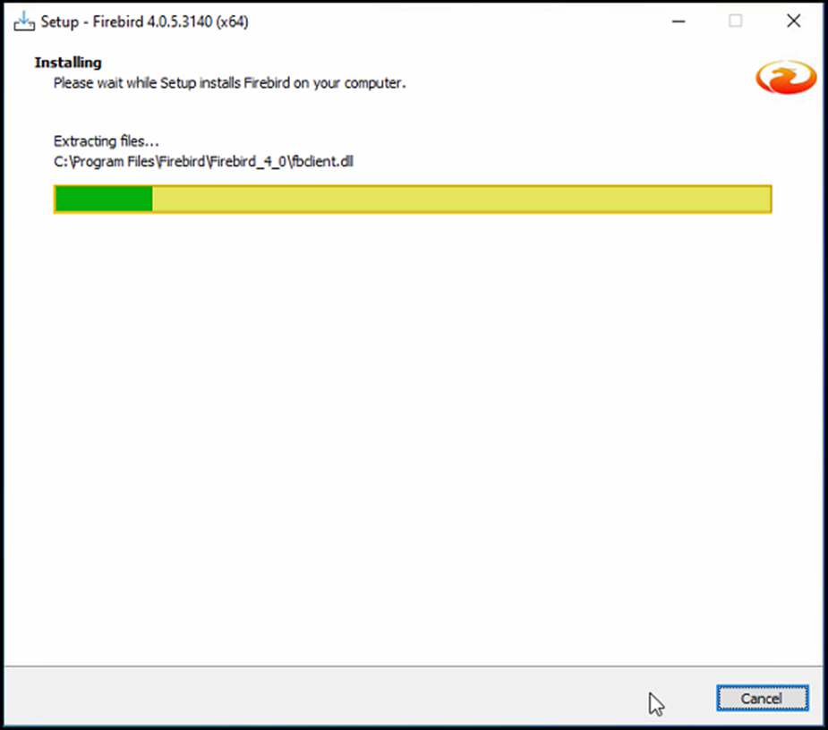 Janela "Installing" do Firebird 4.0.5.3140 (x64) com barra de progresso e mensagem "Extracting files..."