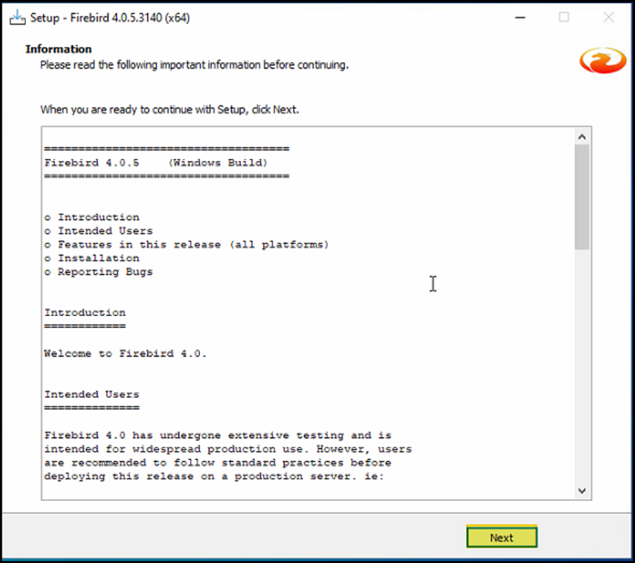 Janela "Information" pós-instalação com notas de release do Firebird 4.0.5 (Windows Build) e botão Next