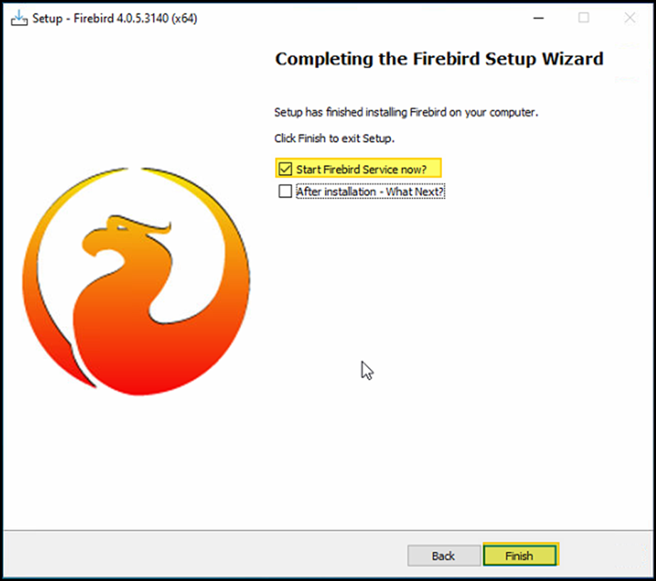 Janela "Completing the Firebird Setup Wizard" com opção "Start Firebird Service now?" marcada e botão Finish