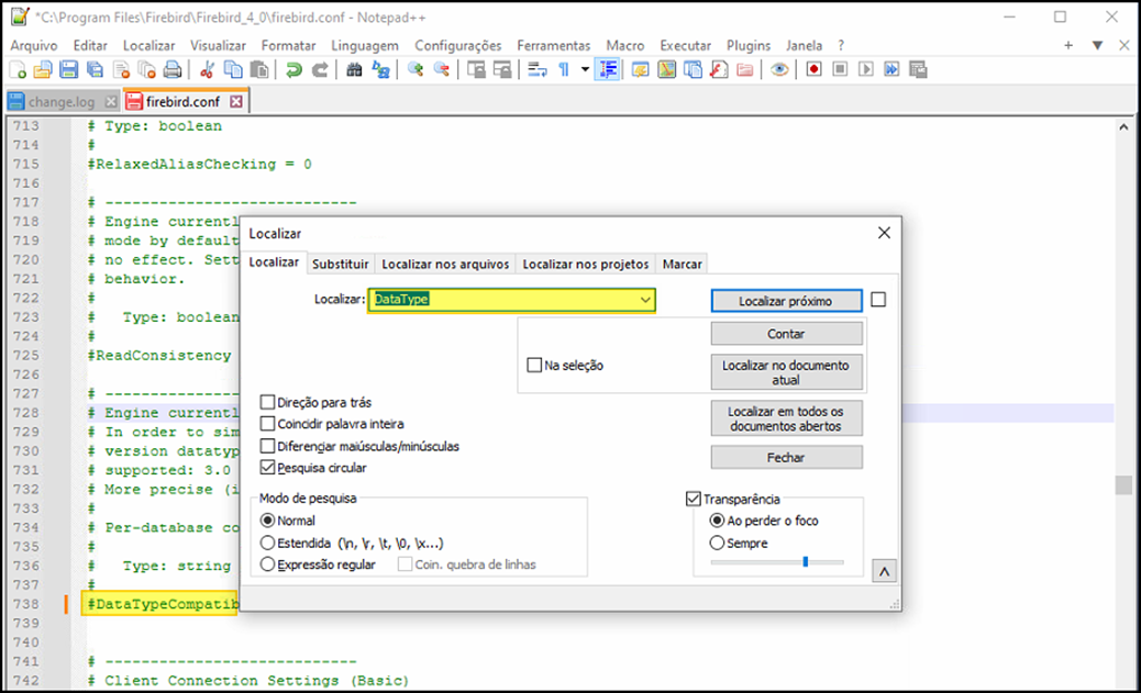 Notepad++ com o arquivo firebird.conf aberto e janela de busca "Localizar" exibindo o termo "DataType" no campo de pesquisa