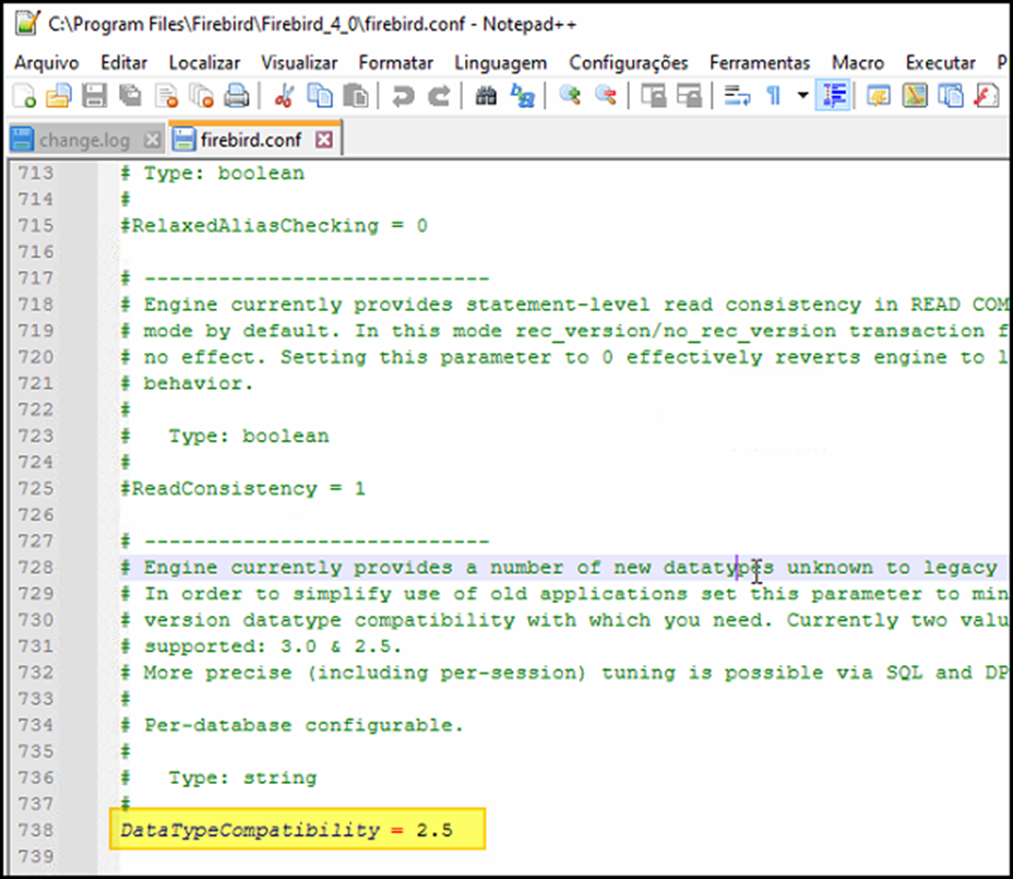 Notepad++ com o arquivo firebird.conf exibindo a linha "DataTypeCompatibility = 2.5" ativa (sem o caractere # de comentário)