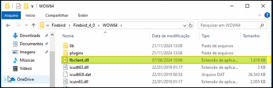 Windows Explorer na pasta Firebird > Firebird_4_0 > WOW64 com o arquivo fbclient.dll (1.618 KB, 07/08/2024) destacado