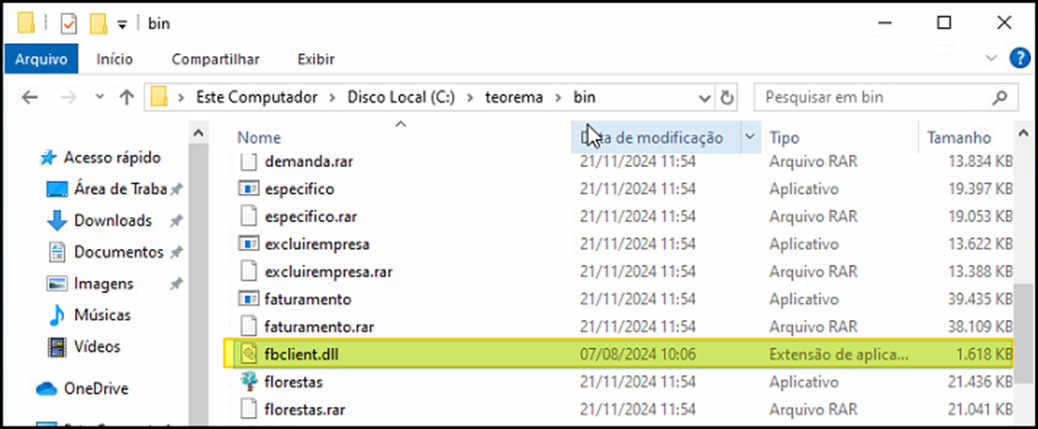 Windows Explorer na pasta C:\teorema\bin com o arquivo fbclient.dll (1.618 KB, 07/08/2024) copiado e destacado entre os executáveis do Teorema