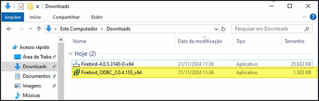 Pasta Downloads com os arquivos Firebird-4.0.5.3140-0-x64 e Firebird_ODBC_2.0.4.155_x64 destacado