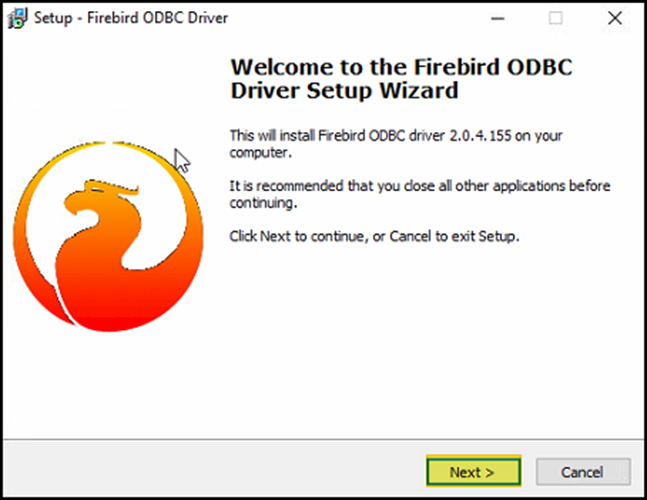 Janela "Welcome to the Firebird ODBC Driver Setup Wizard" informando que será instalado o Firebird ODBC driver 2.0.4.155 e botão Next