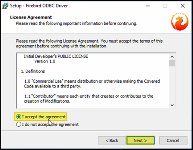 Janela "License Agreement" com opção "I accept the agreement" marcada e botão Next
