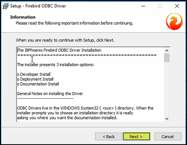Janela "Information" com notas de instalação do Firebird ODBC Driver descrevendo as 3 opções de instalação disponíveis e botão Next