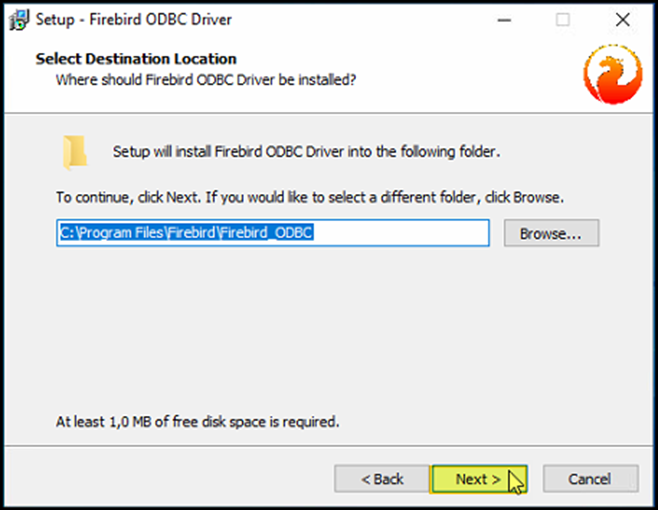 Janela "Select Destination Location" com campo exibindo C:\Program Files\Firebird\Firebird_ODBC e botão Next