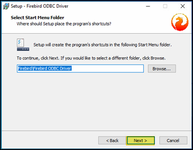 Janela "Select Start Menu Folder" com campo exibindo "Firebird\Firebird ODBC Driver" e botão Next