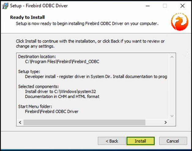 Janela "Ready to Install" com resumo: Destination location C:\Program Files\Firebird\Firebird_ODBC, Setup type Developer install, Selected components Install driver to C:\Windows\system32 e Documentation in CHM and HTML format; botão Install