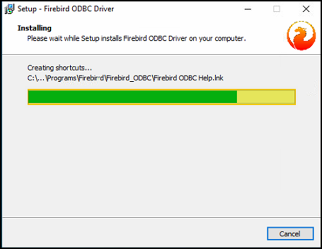 Janela "Installing" do Firebird ODBC Driver com barra de progresso e mensagem "Creating shortcuts..."