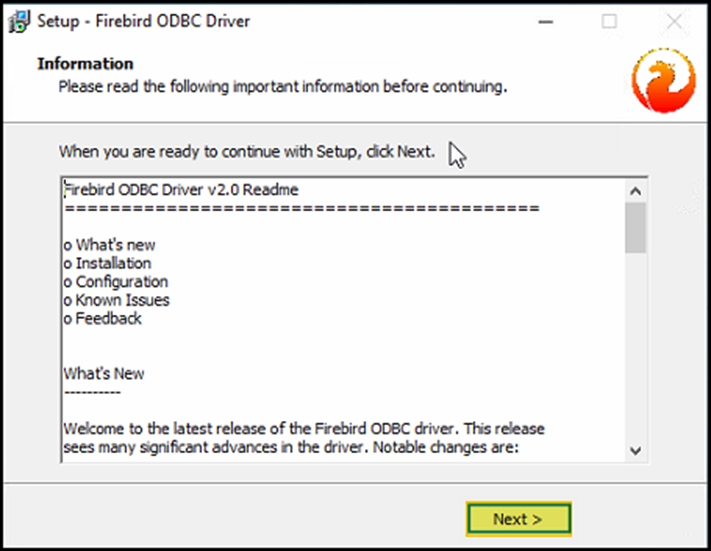 Janela "Information" com o Firebird ODBC Driver v2.0 Readme descrevendo seções What's New, Installation, Configuration, Known Issues e Feedback; botão Next