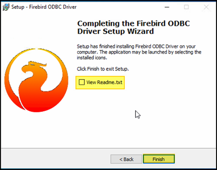 Janela "Completing the Firebird ODBC Driver Setup Wizard" com opção "View Readme.txt" desmarcada e botão Finish