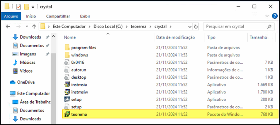 Windows Explorer na pasta C:\teorema\crystal exibindo os arquivos program files, windows, 0x416, autorun, desktop, instmsia, instmsiw, setup (aplicativo), setup (parâmetros) e teorema (pacote do Windows, 768 KB) destacado