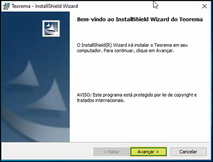 Janela "Bem-vindo ao InstallShield Wizard do Teorema" com mensagem de aviso de copyright e botão Avançar