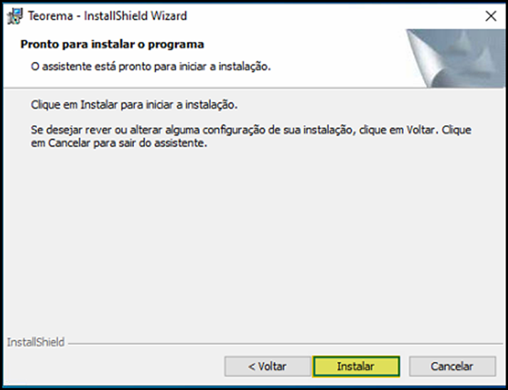 Janela "Pronto para instalar o programa" do Teorema InstallShield Wizard com botão Instalar