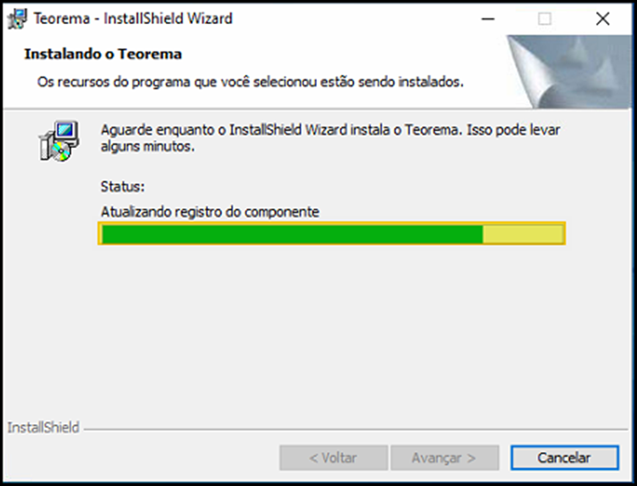 Janela "Instalando o Teorema" do InstallShield Wizard com barra de progresso e status "Atualizando registro do componente"