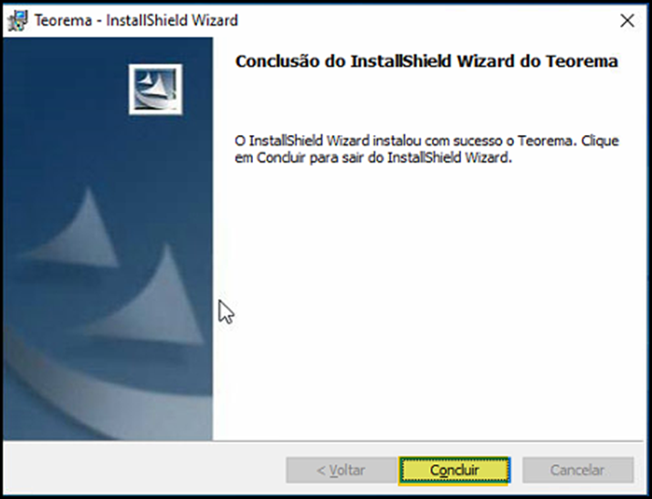 Janela "Conclusão do InstallShield Wizard do Teorema" com mensagem de instalação bem-sucedida e botão Concluir