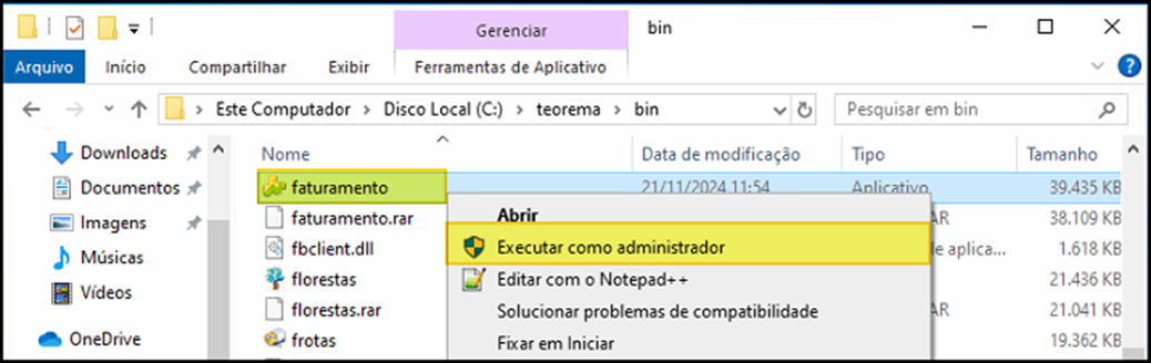 Windows Explorer na pasta C:\teorema\bin com menu de contexto sobre o arquivo "faturamento" exibindo a opção "Executar como administrador" destacada