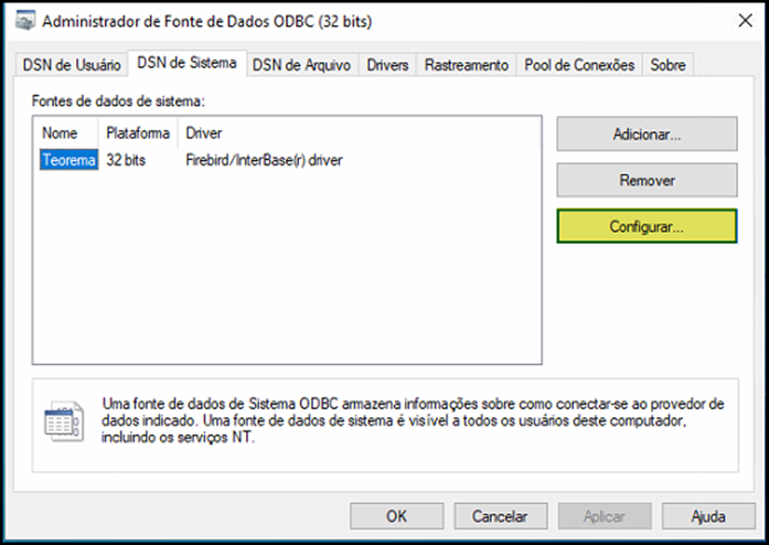 Janela "Administrador de Fonte de Dados ODBC (32 bits)" na aba "DSN de Sistema" com entrada "Teorema" (32 bits, Firebird/InterBase(r) driver) selecionada e botão Configurar destacado