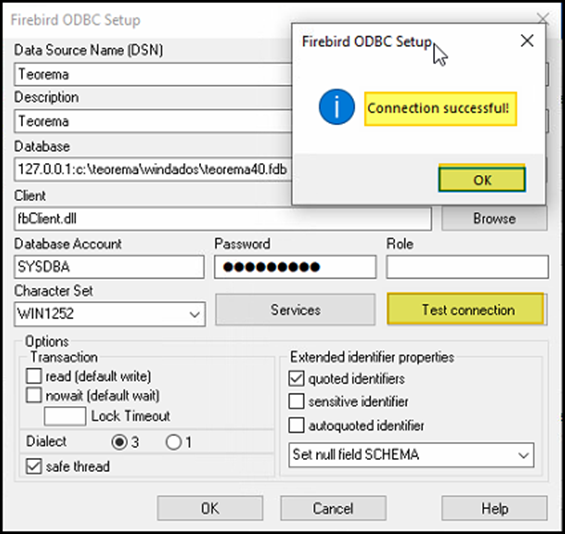 Janela "Firebird ODBC Setup" com campos DSN "Teorema", Database "127.0.0.1:c:\teorema\windados\teorema40.fdb", Client "fbClient.dll", Database Account "SYSDBA", Character Set "WIN1252", Dialect 3; pop-up "Connection successful!" com botão OK
