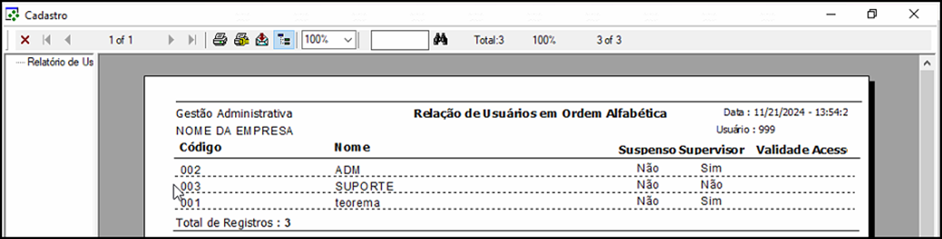 Visualizador de relatório do Crystal Reports exibindo o relatório "Relação de Usuários em Ordem Alfabética" do módulo Gestão Administrativa com registros listados