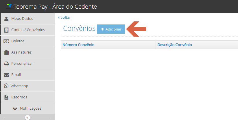 Teorema Pay — tela Convênios com botão + Adicionar destacado; tabela vazia com colunas Número Convênio e Descrição Convênio.