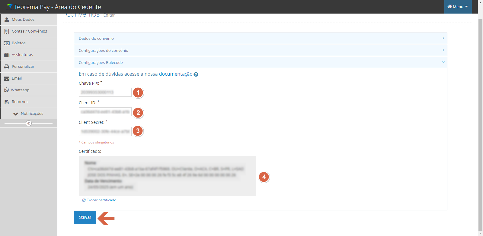 Teorema Pay — aba Configurações Bolecode com campos: (1) Chave PIX (ofuscado), (2) Client ID (ofuscado), (3) Client Secret (ofuscado); seção Certificado com dados ofuscados e link Trocar certificado; botão Salvar.