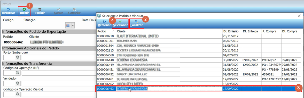 Tela de Pedidos de Exportação com painel lateral de informações do pedido e lista de pedidos para seleção e vinculação