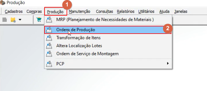 Menu do módulo Produção com a opção Ordem de Produção destacada