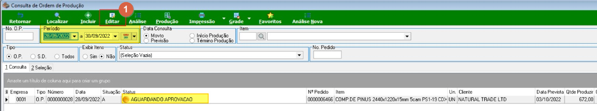 Tela Consulta de Ordem de Produção com a O.P. com status "AGUARDANDO APROVACAO" e o botão Editar indicado