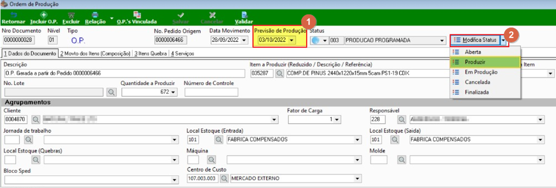 Tela Ordem de Produção com o botão Modifica Status expandido exibindo as opções Aberta, Produzir, Em Produção, Cancelada e Finalizada